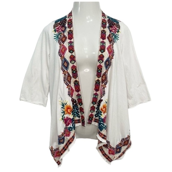 Johnny Was Quinn Embroidered White Cotton Draped Kimono Cardigan Women’s XS - Picture 1 of 12